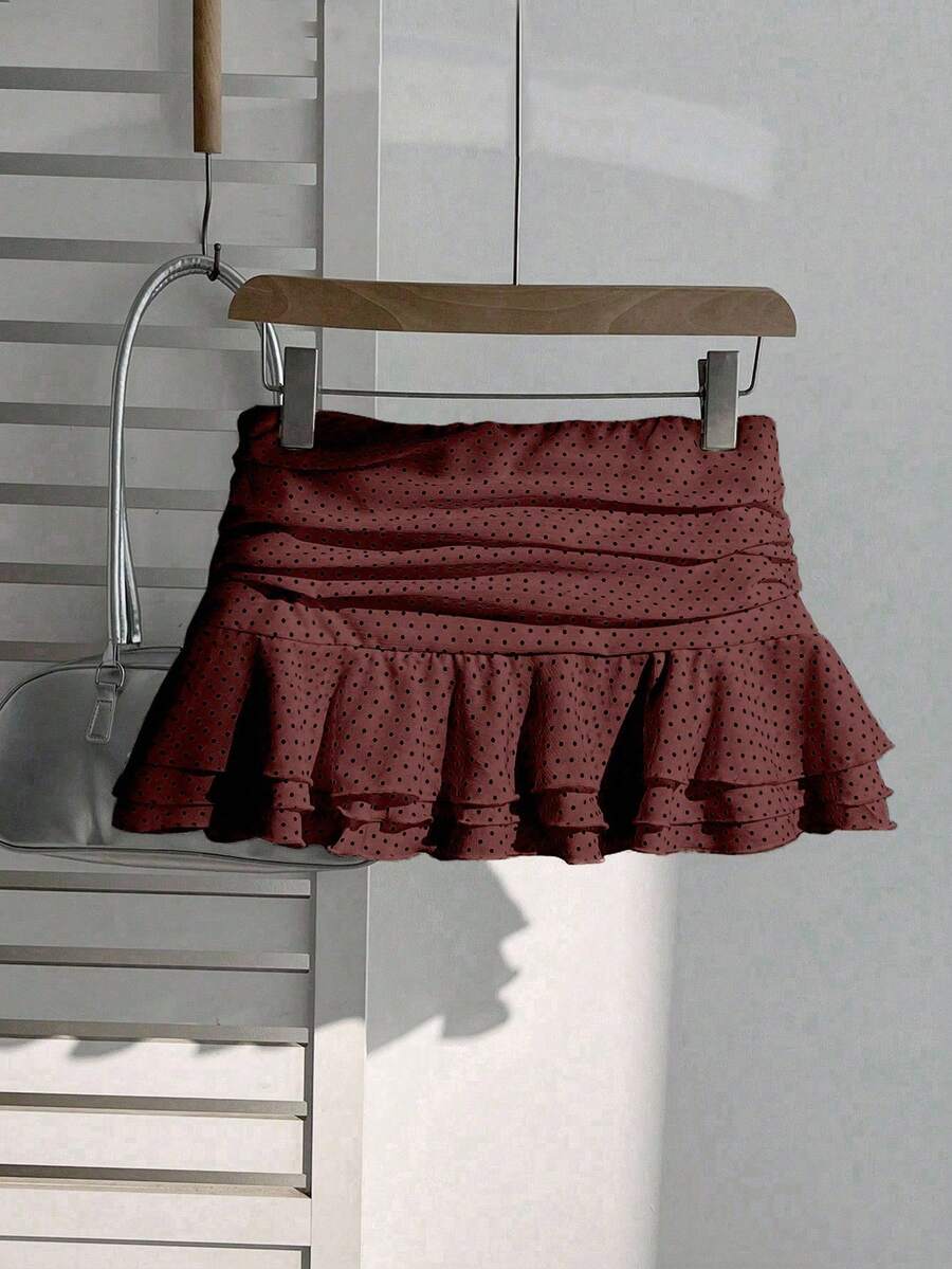 Elamini Women's Fashion Pleated Layered Decor Sweet Design Charming Polka Dot Ruffle Hem Vacation Style Skirt