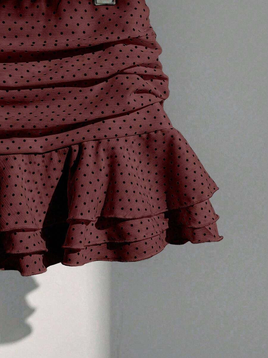 Elamini Women's Fashion Pleated Layered Decor Sweet Design Charming Polka Dot Ruffle Hem Vacation Style Skirt
