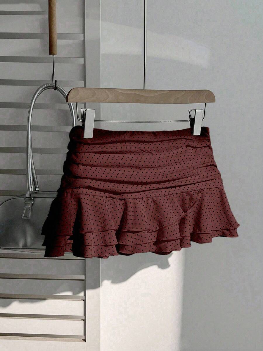Elamini Women's Fashion Pleated Layered Decor Sweet Design Charming Polka Dot Ruffle Hem Vacation Style Skirt