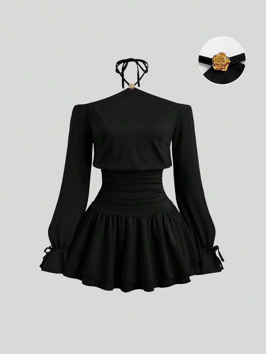 Sweetra Elegant French Style Red Dress For Valentine's Day, Unique Halter Off Shoulder Design With Metal Buckle Accent, Fashion Cocktail Dress With Cinched Waist, Butterfly Sleeve, Sexy Bodycon Silhouette