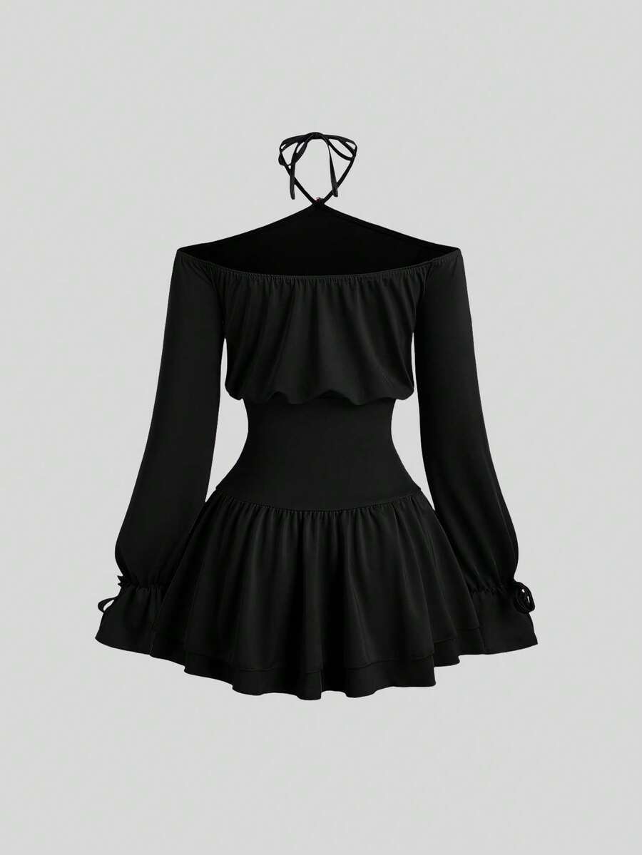 Sweetra Elegant French Style Red Dress For Valentine's Day, Unique Halter Off Shoulder Design With Metal Buckle Accent, Fashion Cocktail Dress With Cinched Waist, Butterfly Sleeve, Sexy Bodycon Silhouette