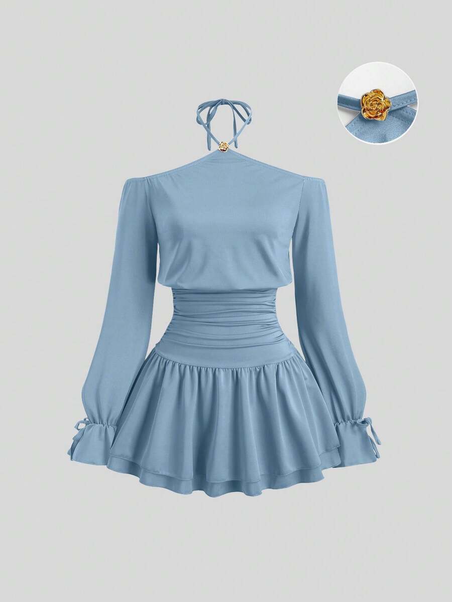 Sweetra Elegant French Style Red Dress For Valentine's Day, Unique Halter Off Shoulder Design With Metal Buckle Accent, Fashion Cocktail Dress With Cinched Waist, Butterfly Sleeve, Sexy Bodycon Silhouette