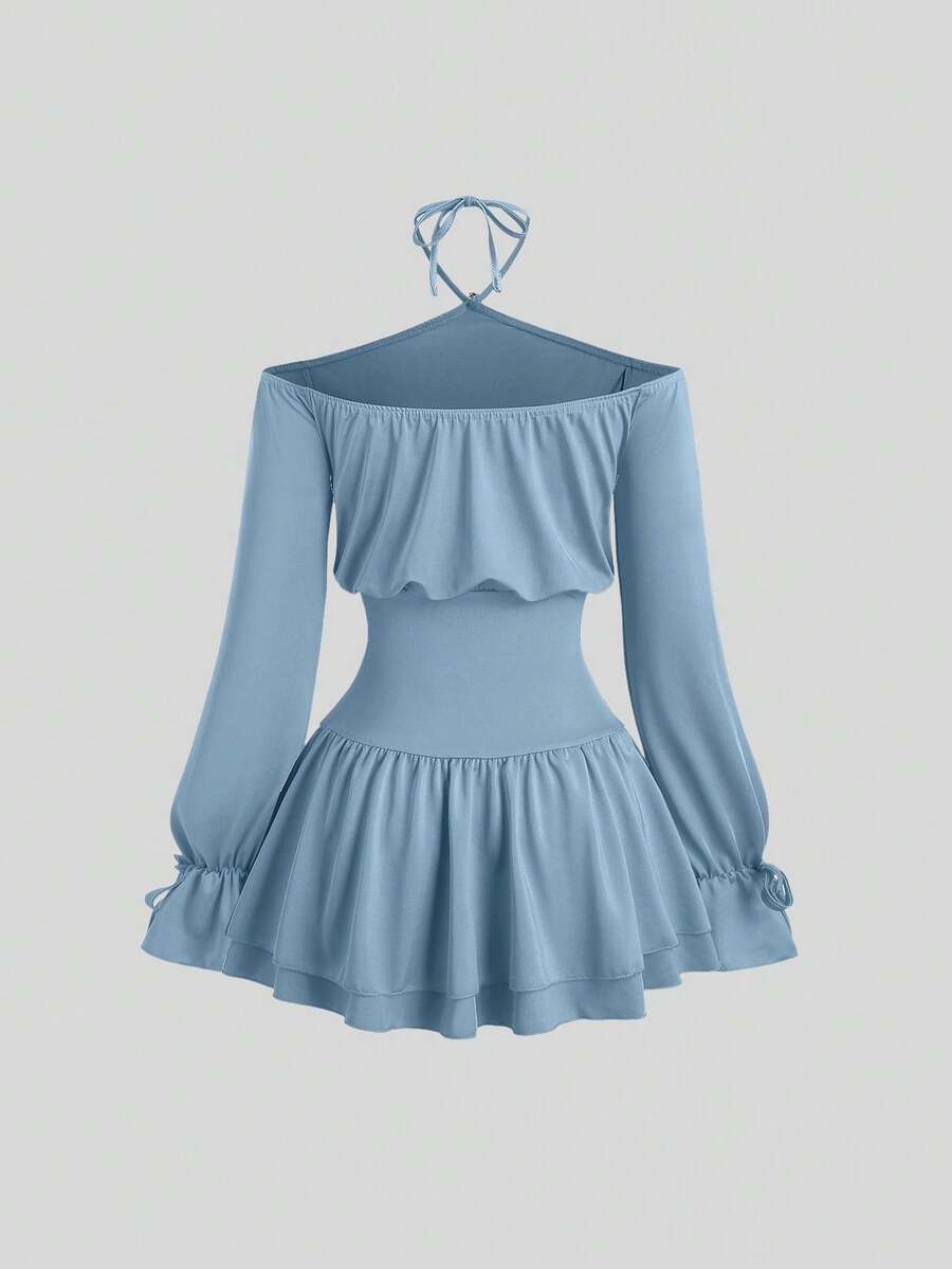 Sweetra Elegant French Style Red Dress For Valentine's Day, Unique Halter Off Shoulder Design With Metal Buckle Accent, Fashion Cocktail Dress With Cinched Waist, Butterfly Sleeve, Sexy Bodycon Silhouette