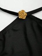 Sweetra Elegant French Style Red Dress For Valentine's Day, Unique Halter Off Shoulder Design With Metal Buckle Accent, Fashion Cocktail Dress With Cinched Waist, Butterfly Sleeve, Sexy Bodycon Silhouette