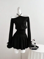 Sweetra Elegant French Style Red Dress For Valentine's Day, Unique Halter Off Shoulder Design With Metal Buckle Accent, Fashion Cocktail Dress With Cinched Waist, Butterfly Sleeve, Sexy Bodycon Silhouette