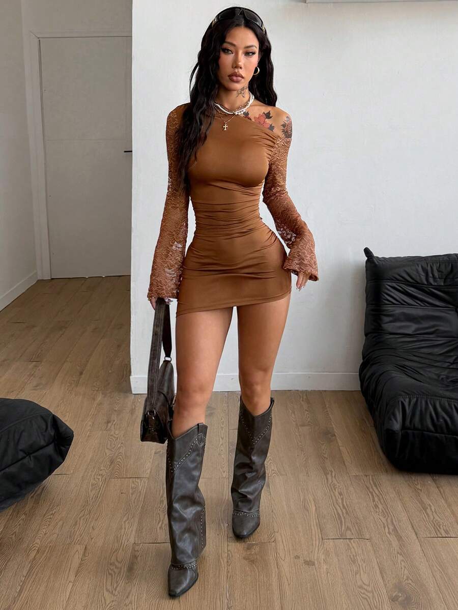 Coolane Women's Spring New Year Eve Date Night Coquette Rib Knit Ruched Asymmetrical Neck Slim Fit Skirts Mini Ruched Dresses For Elegant,Valentine's Day, Nye Outfit,Summer Dresses For Women