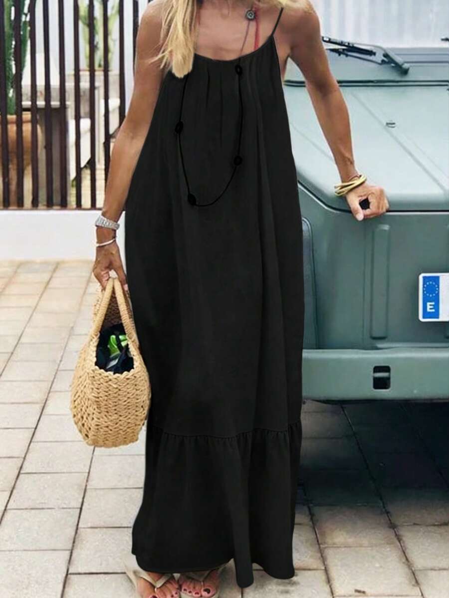 Cévolie Women's Solid Color Open Back Tie Loose Casual Maxi Slip Dress