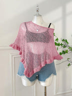 Comfortcana Plus Size Women Casual Ruffled Hem Semi-Sheer Crochet Poncho Sweater, Suitable For Summer Outings And Dates