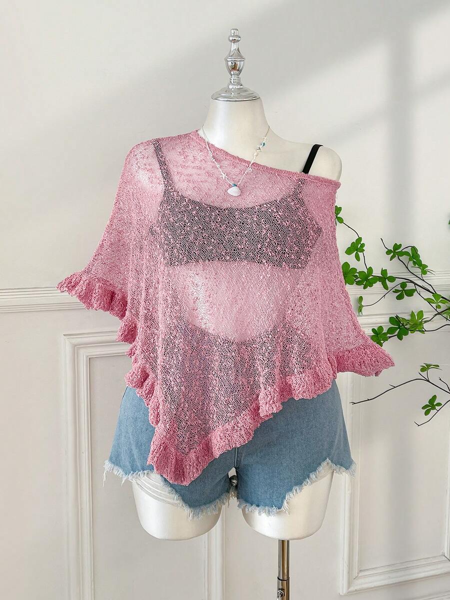 Comfortcana Plus Size Women Casual Ruffled Hem Semi-Sheer Crochet Poncho Sweater, Suitable For Summer Outings And Dates