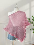 Comfortcana Plus Size Women Casual Ruffled Hem Semi-Sheer Crochet Poncho Sweater, Suitable For Summer Outings And Dates