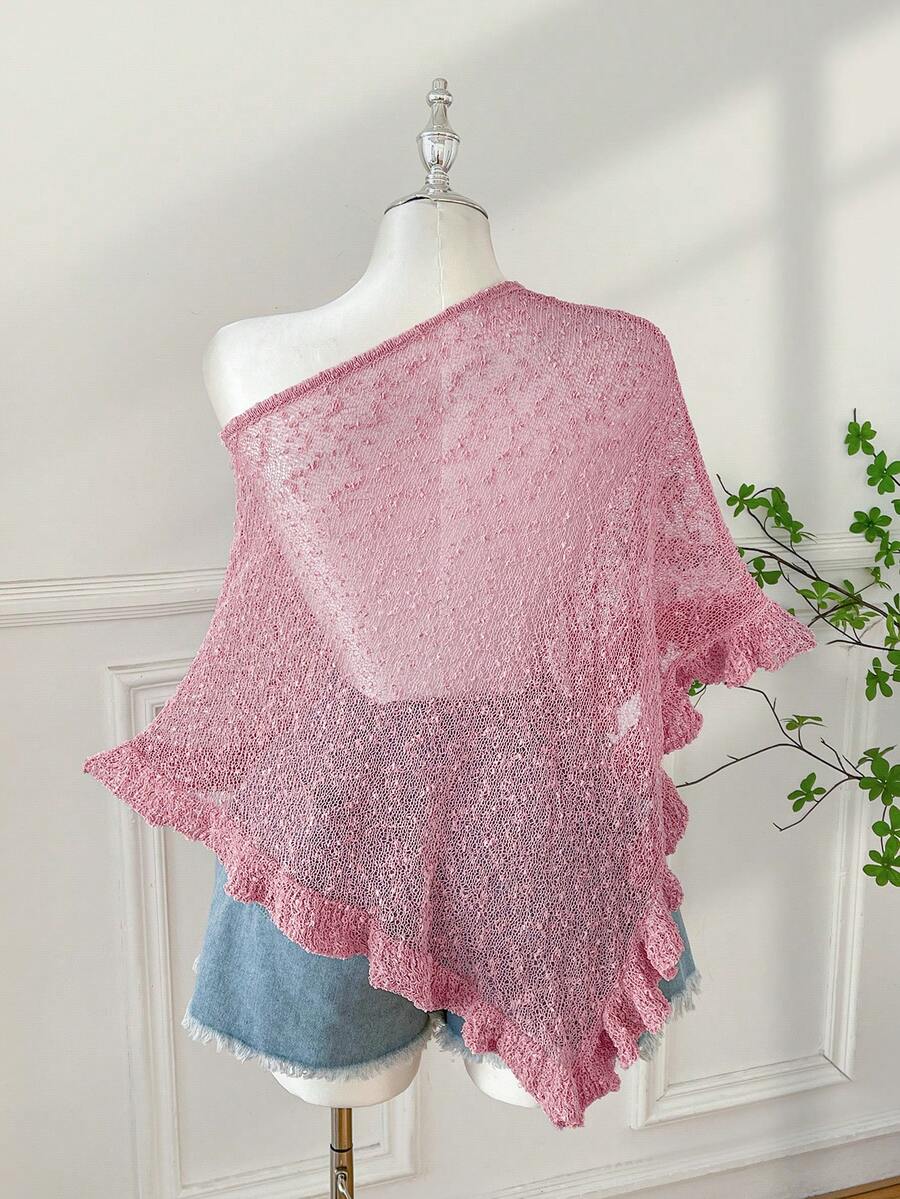 Comfortcana Plus Size Women Casual Ruffled Hem Semi-Sheer Crochet Poncho Sweater, Suitable For Summer Outings And Dates