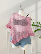 Comfortcana Plus Size Women Casual Ruffled Hem Semi-Sheer Crochet Poncho Sweater, Suitable For Summer Outings And Dates