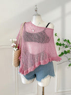 Comfortcana Plus Size Women Casual Ruffled Hem Semi-Sheer Crochet Poncho Sweater, Suitable For Summer Outings And Dates