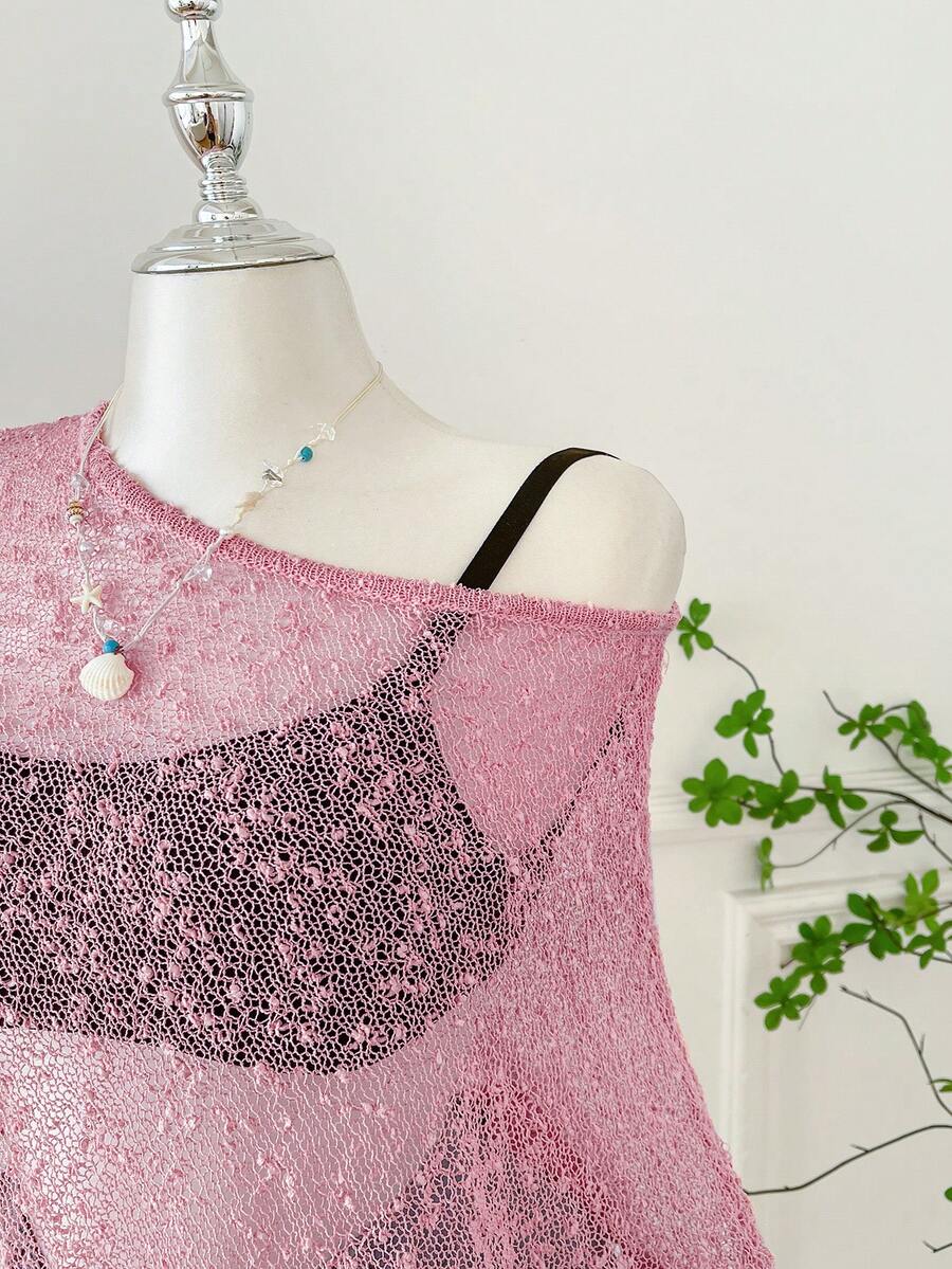 Comfortcana Plus Size Women Casual Ruffled Hem Semi-Sheer Crochet Poncho Sweater, Suitable For Summer Outings And Dates