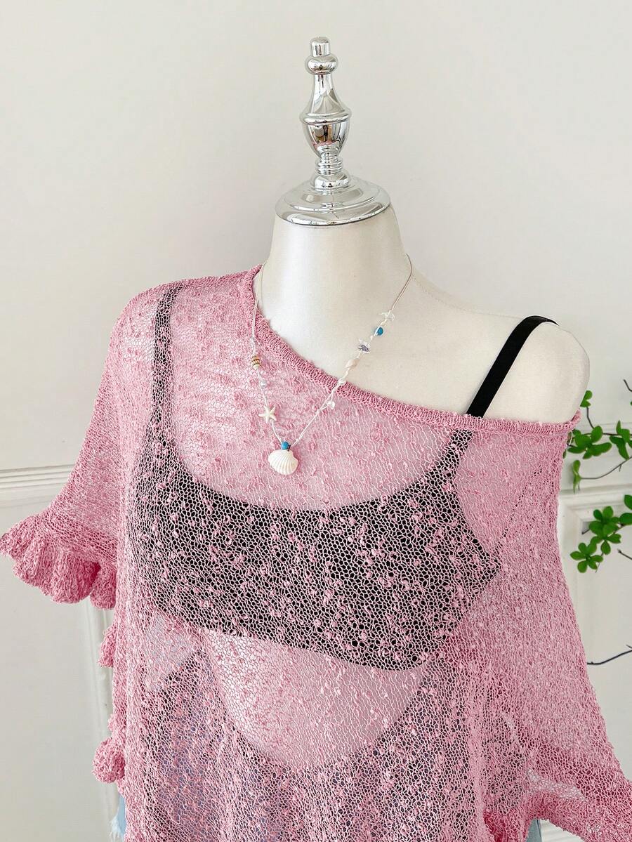 Comfortcana Plus Size Women Casual Ruffled Hem Semi-Sheer Crochet Poncho Sweater, Suitable For Summer Outings And Dates