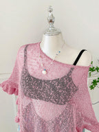 Comfortcana Plus Size Women Casual Ruffled Hem Semi-Sheer Crochet Poncho Sweater, Suitable For Summer Outings And Dates