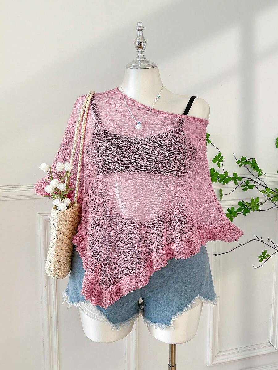 Comfortcana Plus Size Women Casual Ruffled Hem Semi-Sheer Crochet Poncho Sweater, Suitable For Summer Outings And Dates