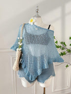 Comfortcana Plus Size Women Casual Ruffled Hem Semi-Sheer Crochet Poncho Sweater, Suitable For Summer Outings And Dates