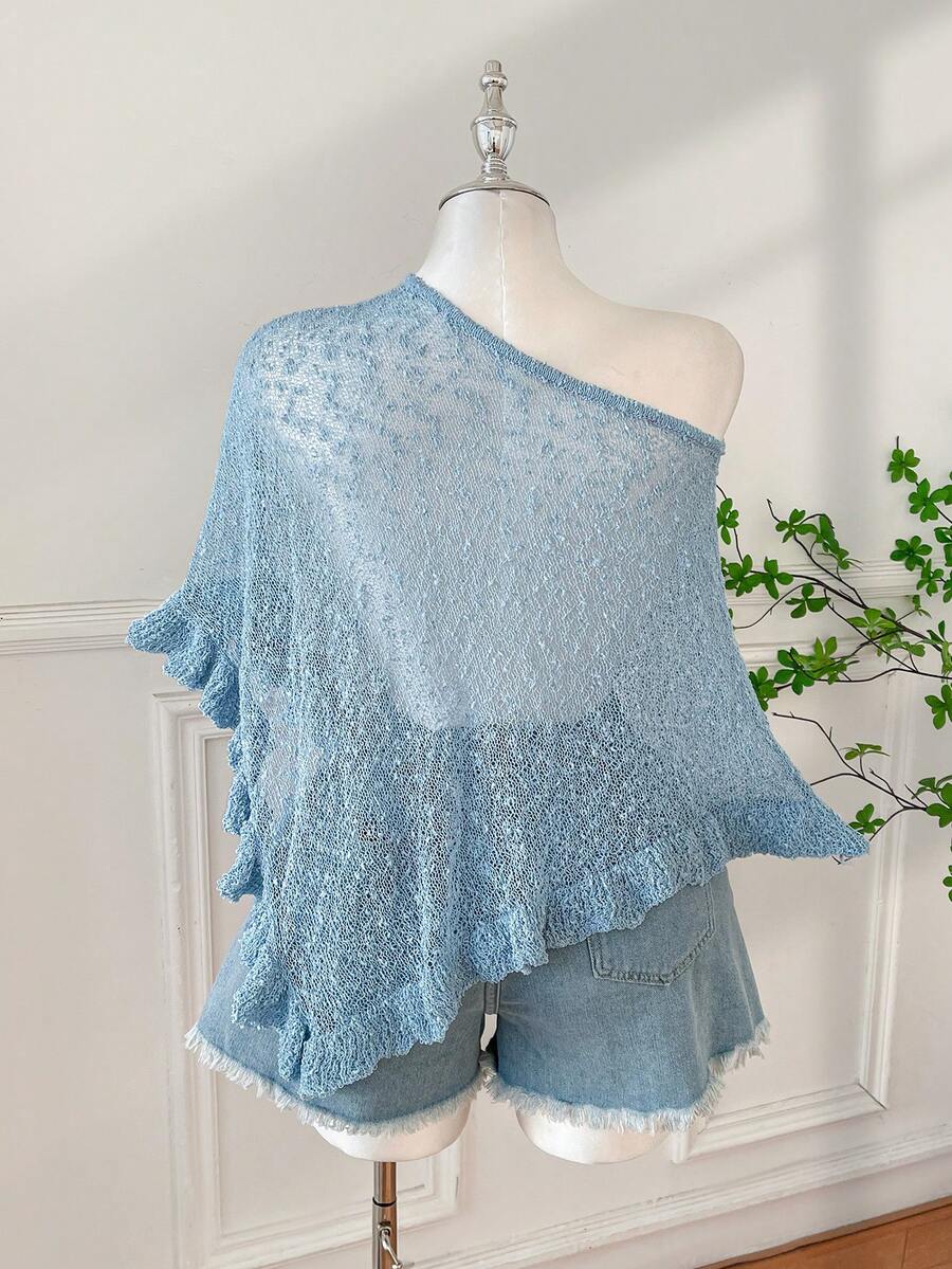 Comfortcana Plus Size Women Casual Ruffled Hem Semi-Sheer Crochet Poncho Sweater, Suitable For Summer Outings And Dates