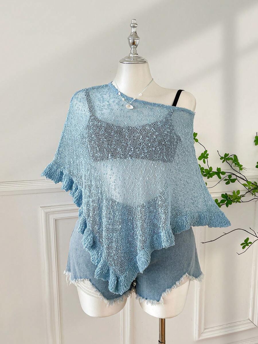 Comfortcana Plus Size Women Casual Ruffled Hem Semi-Sheer Crochet Poncho Sweater, Suitable For Summer Outings And Dates