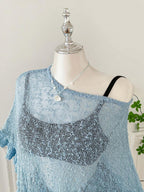 Comfortcana Plus Size Women Casual Ruffled Hem Semi-Sheer Crochet Poncho Sweater, Suitable For Summer Outings And Dates