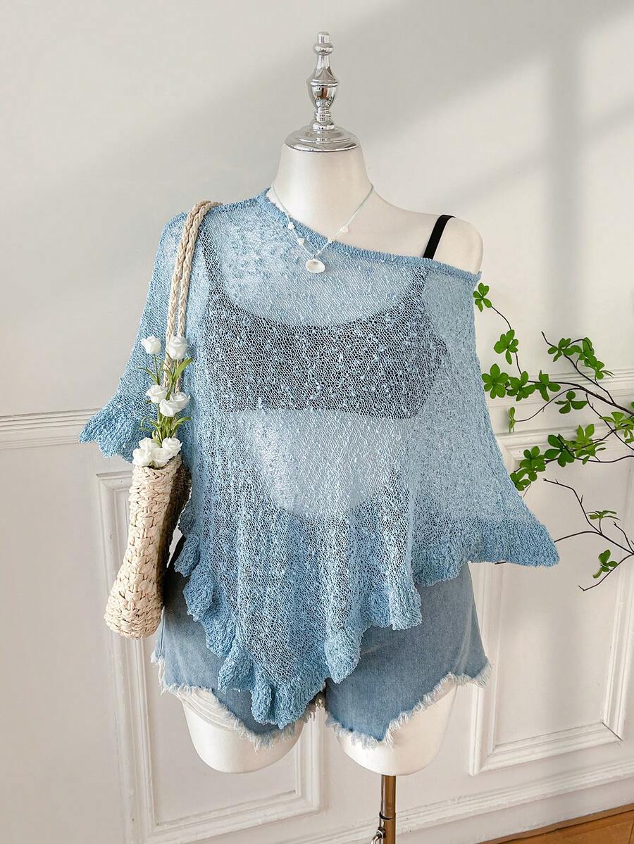 Comfortcana Plus Size Women Casual Ruffled Hem Semi-Sheer Crochet Poncho Sweater, Suitable For Summer Outings And Dates