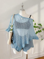 Comfortcana Plus Size Women Casual Ruffled Hem Semi-Sheer Crochet Poncho Sweater, Suitable For Summer Outings And Dates
