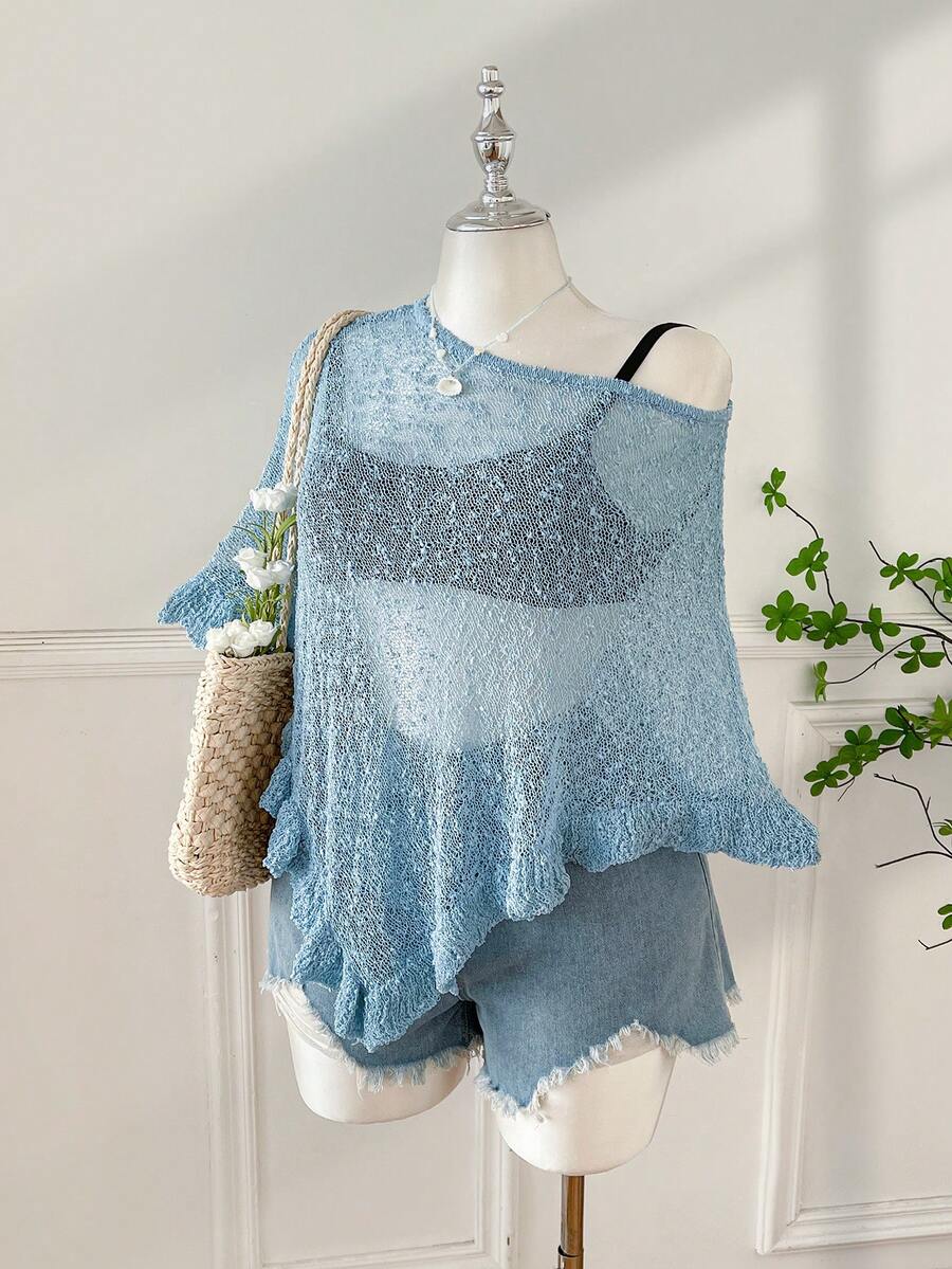 Comfortcana Plus Size Women Casual Ruffled Hem Semi-Sheer Crochet Poncho Sweater, Suitable For Summer Outings And Dates