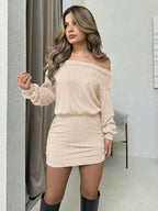 Jemour Off-Shoulder Fluffy Solid Color Casual Versatile Long Sleeve Dress