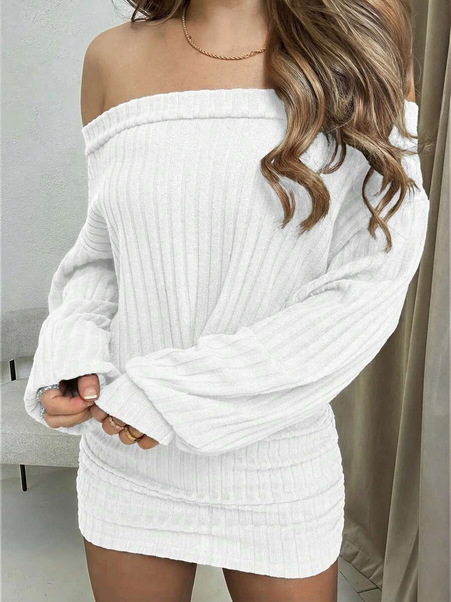 Jemour Off-Shoulder Fluffy Solid Color Casual Versatile Long Sleeve Dress