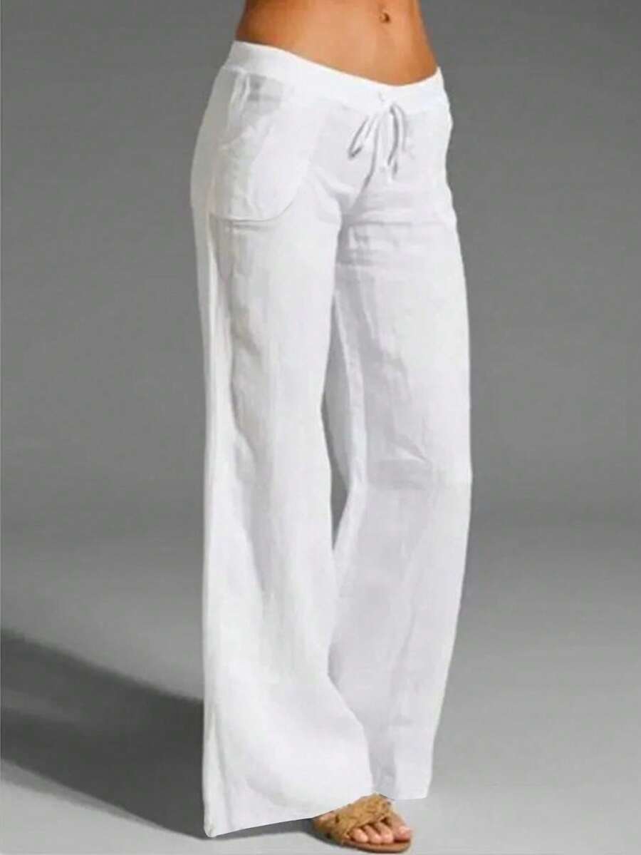 SHEIN Tall Women's Elegant French Style Vacation Casual Linen-Look White Lining Pocket Pants
