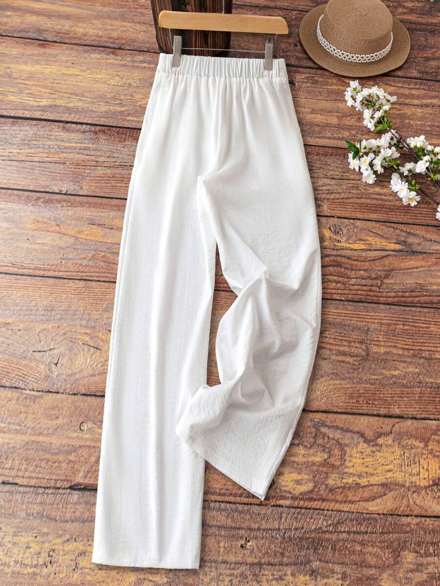 SHEIN Tall Women's Elegant French Style Vacation Casual Linen-Look White Lining Pocket Pants
