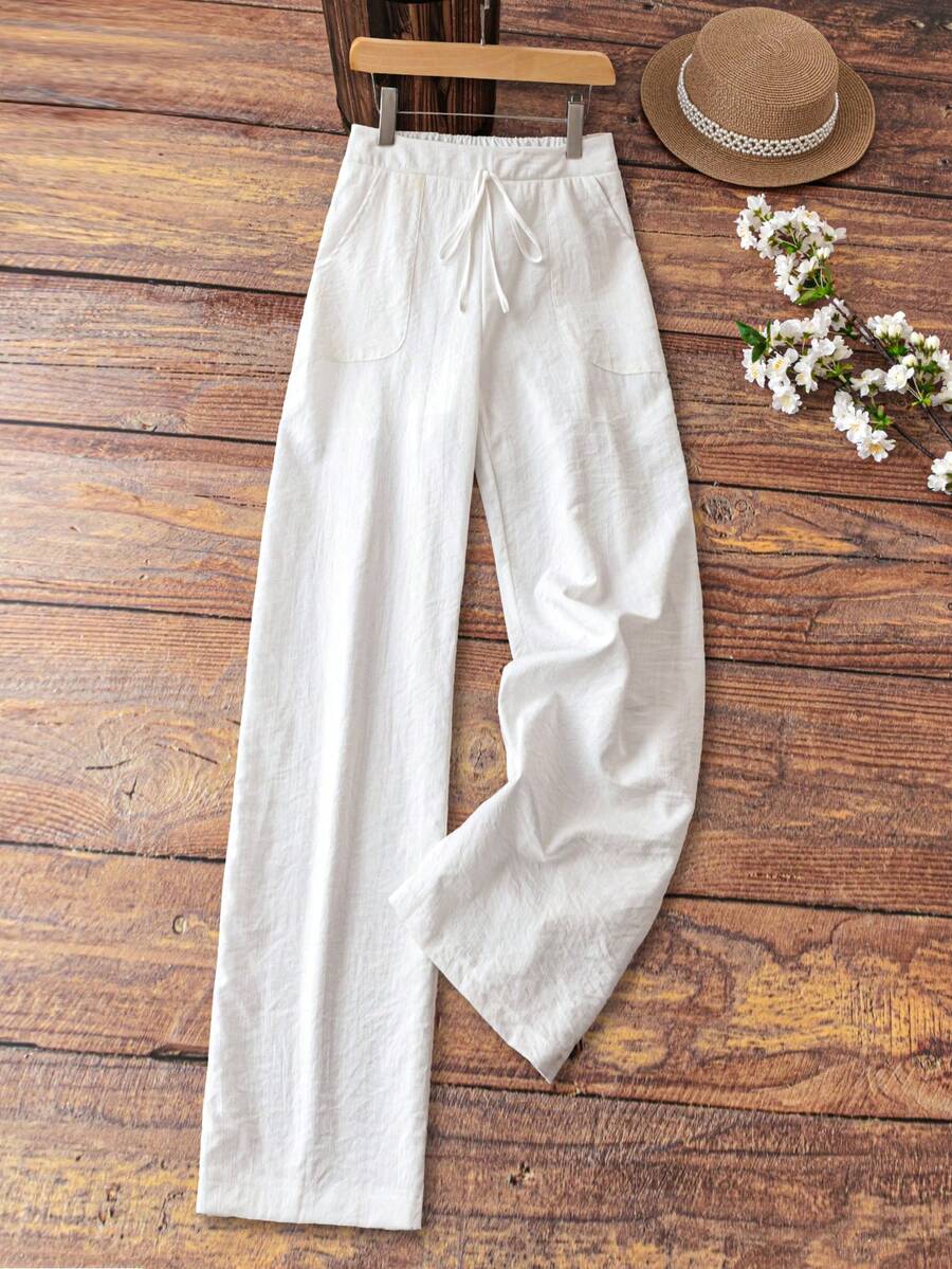 SHEIN Tall Women's Elegant French Style Vacation Casual Linen-Look White Lining Pocket Pants