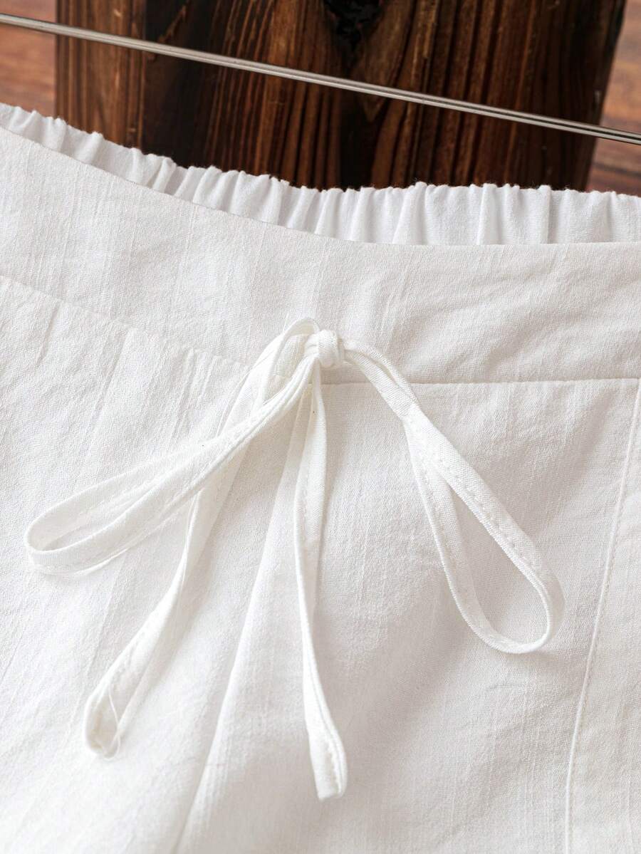 SHEIN Tall Women's Elegant French Style Vacation Casual Linen-Look White Lining Pocket Pants