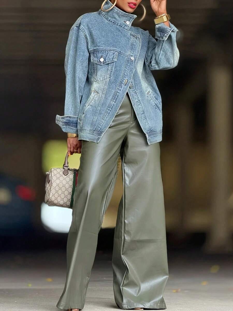 Women's Vintage Washed High Neck Asymmetric Button Loose Denim Jacket, Street Style Fashion Versatile Jacket Top, Suitable For Spring, Autumn And Winter Seasons
