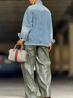 Women's Vintage Washed High Neck Asymmetric Button Loose Denim Jacket, Street Style Fashion Versatile Jacket Top, Suitable For Spring, Autumn And Winter Seasons
