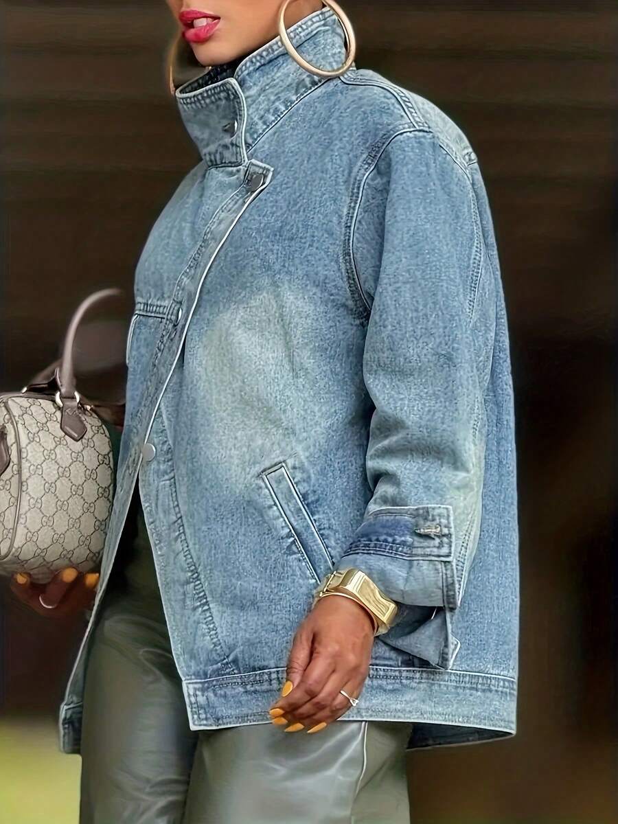 Women's Vintage Washed High Neck Asymmetric Button Loose Denim Jacket, Street Style Fashion Versatile Jacket Top, Suitable For Spring, Autumn And Winter Seasons