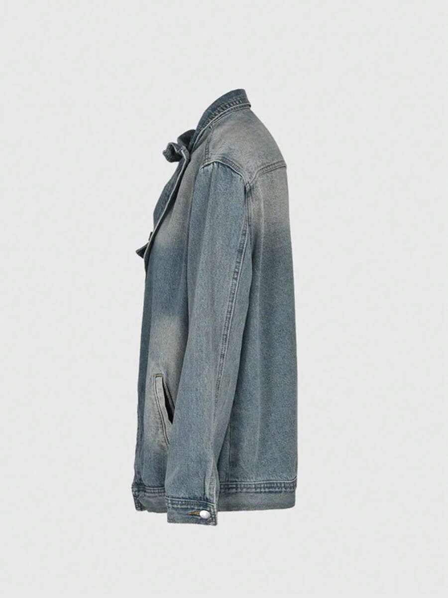 Women's Vintage Washed High Neck Asymmetric Button Loose Denim Jacket, Street Style Fashion Versatile Jacket Top, Suitable For Spring, Autumn And Winter Seasons