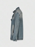 Women's Vintage Washed High Neck Asymmetric Button Loose Denim Jacket, Street Style Fashion Versatile Jacket Top, Suitable For Spring, Autumn And Winter Seasons