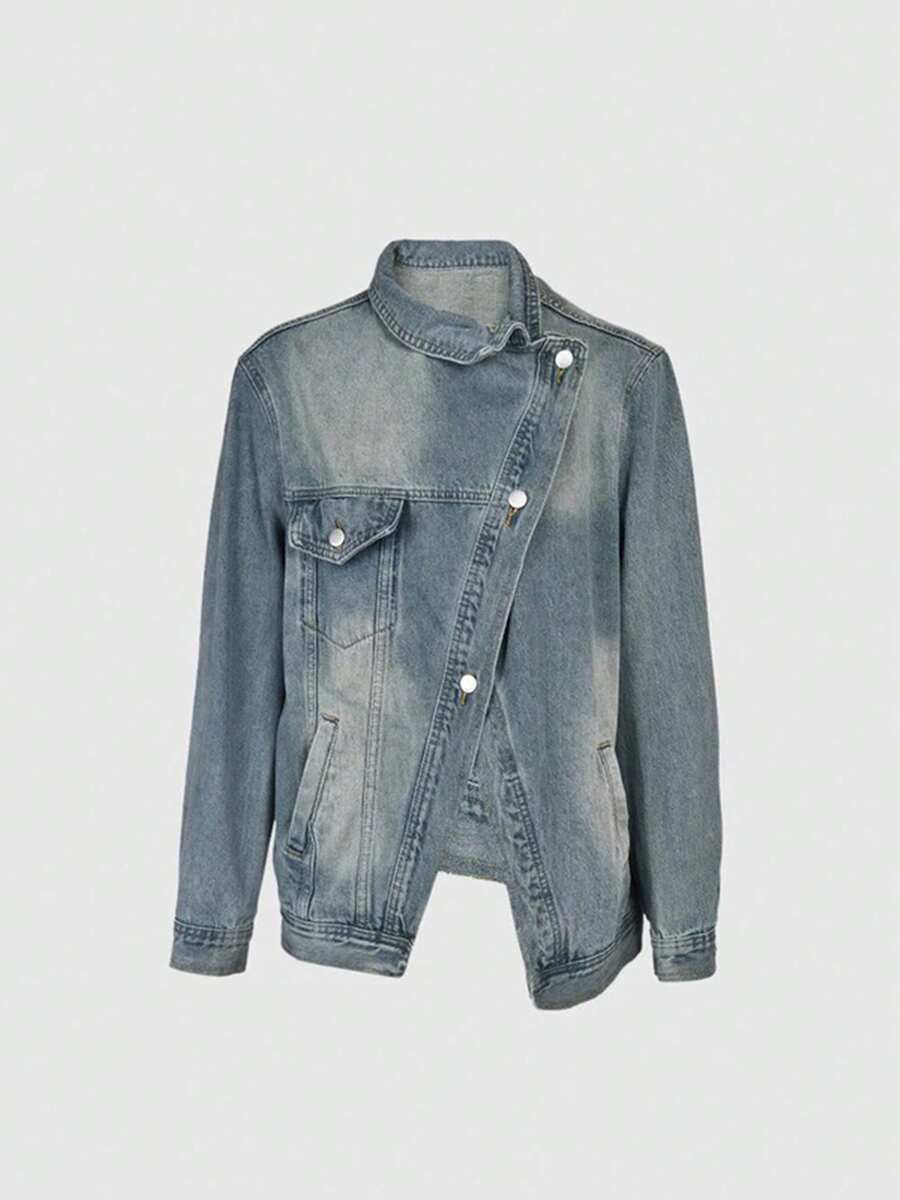 Women's Vintage Washed High Neck Asymmetric Button Loose Denim Jacket, Street Style Fashion Versatile Jacket Top, Suitable For Spring, Autumn And Winter Seasons