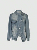 Women's Vintage Washed High Neck Asymmetric Button Loose Denim Jacket, Street Style Fashion Versatile Jacket Top, Suitable For Spring, Autumn And Winter Seasons