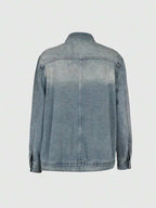 Women's Vintage Washed High Neck Asymmetric Button Loose Denim Jacket, Street Style Fashion Versatile Jacket Top, Suitable For Spring, Autumn And Winter Seasons