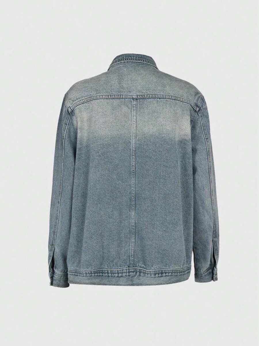 Women's Vintage Washed High Neck Asymmetric Button Loose Denim Jacket, Street Style Fashion Versatile Jacket Top, Suitable For Spring, Autumn And Winter Seasons