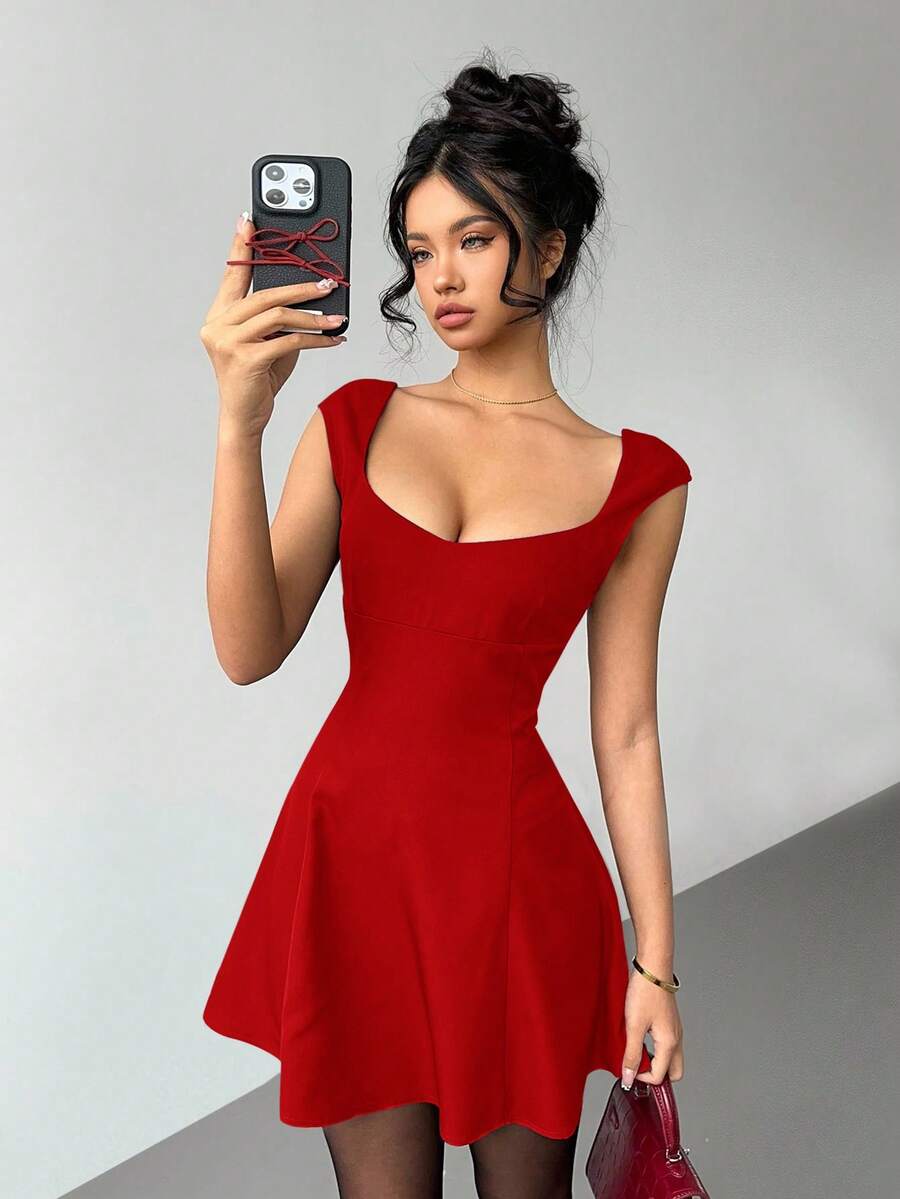 Aloruh Women's Solid Color Sweetheart Neck Cap Sleeve Fashionable Mini Dress,Party Dresses For Women