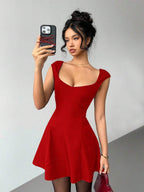 Aloruh Women's Solid Color Sweetheart Neck Cap Sleeve Fashionable Mini Dress,Party Dresses For Women