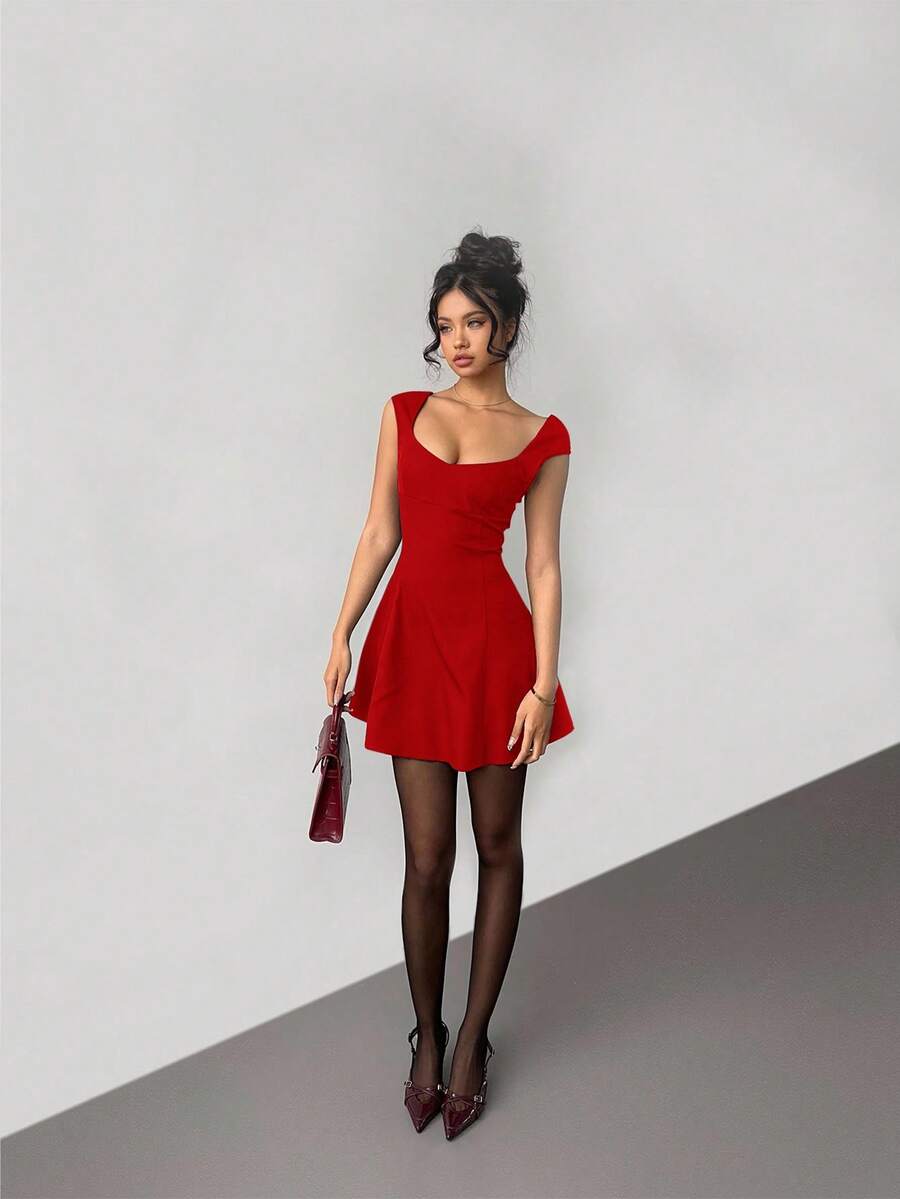 Aloruh Women's Solid Color Sweetheart Neck Cap Sleeve Fashionable Mini Dress,Party Dresses For Women