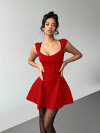 Aloruh Women's Solid Color Sweetheart Neck Cap Sleeve Fashionable Mini Dress,Party Dresses For Women