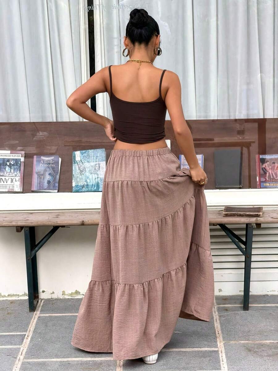 MainGRL Women Solid Color High Waist Tie Ruffled Hem Maxi Skirt