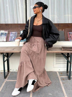 MainGRL Women Solid Color High Waist Tie Ruffled Hem Maxi Skirt