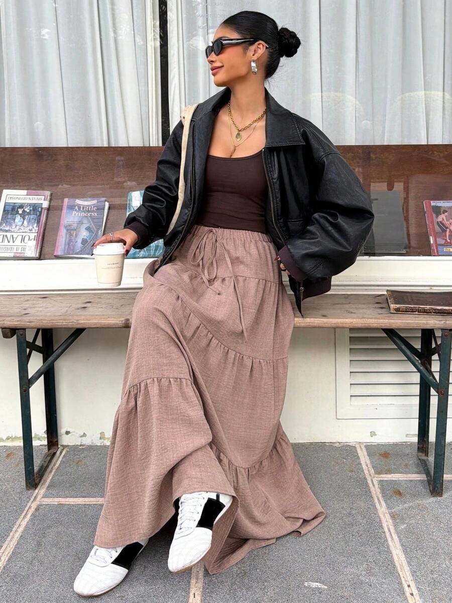 MainGRL Women Solid Color High Waist Tie Ruffled Hem Maxi Skirt
